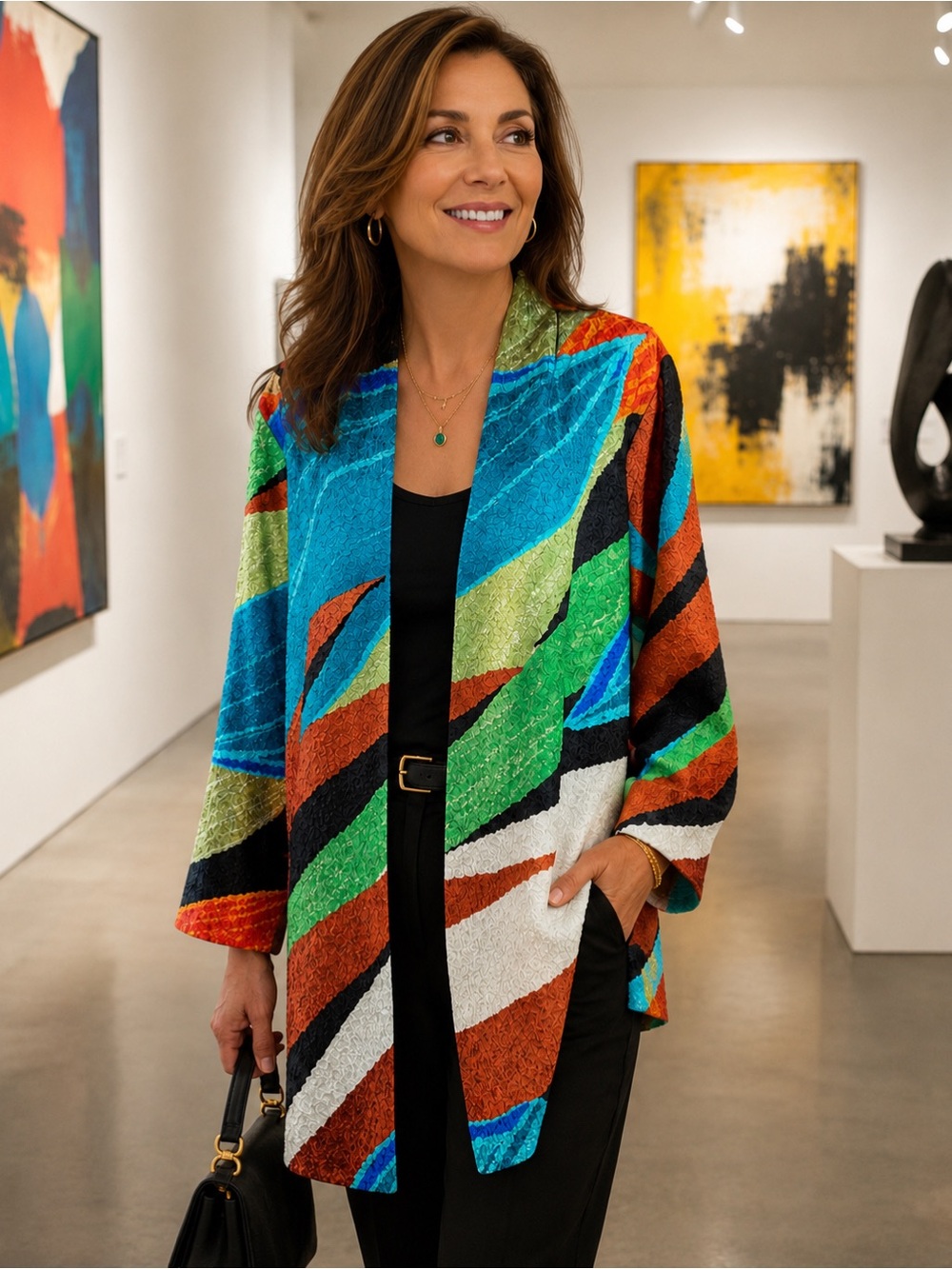 Chico’s Colorful Abstract Textured Open Front Cardigan Jacket Size 2 / Large